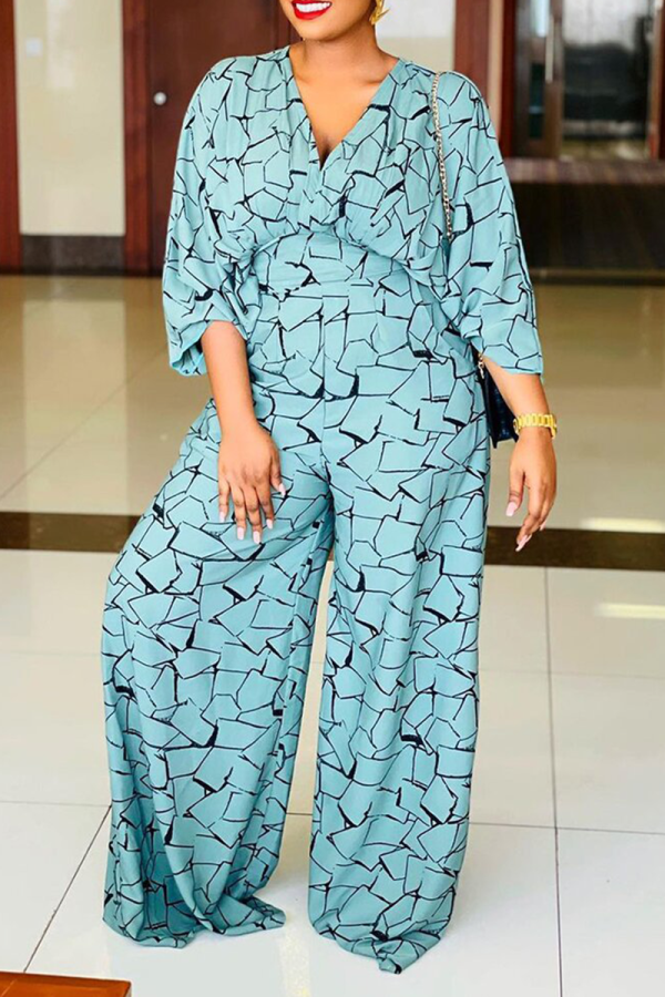 Blue Casual Print Patchwork V Neck Straight Jumpsuits