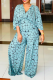Blue Casual Print Patchwork V Neck Straight Jumpsuits