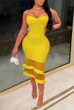 Yellow Fashion Sexy Solid Patchwork Backless Strapless Sleeveless Dress