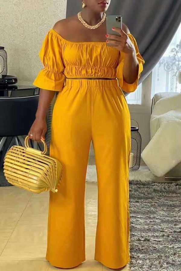 Yellow Casual Solid Patchwork U Neck Half Sleeve Two Pieces