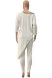 White Fashion Casual Print Asymmetrical Oblique Collar Three Quarter Two Pieces