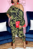 Purple Casual Print Camouflage Print Patchwork Asymmetrical Off the Shoulder Three Quarter Two Pieces