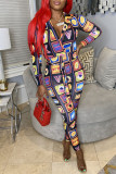 Multicolor Fashion Casual Print Basic V Neck Skinny Jumpsuits