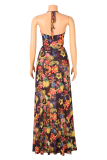 Yellow Sexy Print Hollowed Out Spaghetti Strap Sleeveless Two Pieces