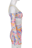Colour Sexy Print Patchwork Spaghetti Strap Long Sleeve Two Pieces