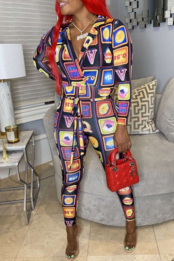 Multicolor Fashion Casual Print Basic V Neck Skinny Jumpsuits