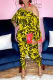 Purple Casual Print Camouflage Print Patchwork Asymmetrical Off the Shoulder Three Quarter Two Pieces