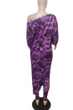 Purple Casual Print Camouflage Print Patchwork Asymmetrical Off the Shoulder Three Quarter Two Pieces