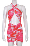 Red Sexy Print Patchwork Halter Pencil Skirt Dresses