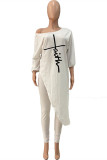 White Fashion Casual Print Asymmetrical Oblique Collar Three Quarter Two Pieces