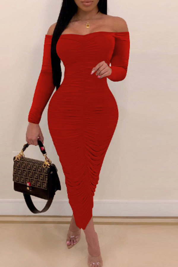 Red Sexy Solid Patchwork Fold Off the Shoulder One Step Skirt Dresses