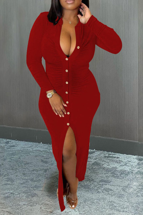Burgundy Casual Solid Patchwork Buckle Fold Turndown Collar Pencil Skirt Dresses