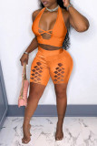 Orange Fashion Sexy Solid Hollowed Out Backless Halter Skinny Two-piece Set