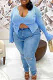 Blue Fashion Casual Solid Slit V Neck Plus Size Tops