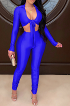 Blue Sexy Solid Split Joint V Neck Long Sleeve Two Pieces