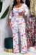 Red Casual Print Split Joint O Neck Plus Size Jumpsuits(Without Belt)