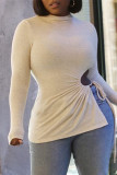 White Fashion Casual Solid Bandage Hollowed Out Turtleneck Tops
