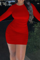 Red Sexy Solid Bandage Backless O Neck Long Sleeve Dresses