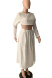 White Elegant Solid Patchwork Slit O Neck Long Sleeve Two Pieces