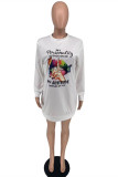 White Fashion Casual Print Basic O Neck Long Sleeve Dresses