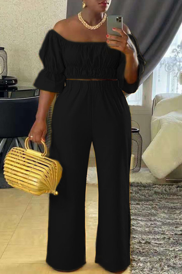 Black Casual Solid Patchwork U Neck Half Sleeve Two Pieces
