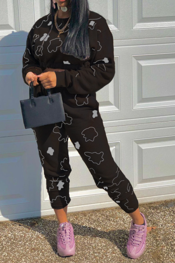 Black Casual Print Patchwork O Neck Long Sleeve Two Pieces