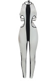 Red Sexy Striped Print Hollowed Out Patchwork Frenulum Backless Halter Skinny Jumpsuits