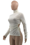 White Fashion Casual Solid Bandage Hollowed Out Turtleneck Tops