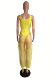 Yellow Sexy Solid Mesh Square Collar Sleeveless Two Pieces