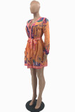 Orange Sexy Print With Belt V Neck Princess Dresses