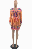 Orange Sexy Print With Belt V Neck Princess Dresses