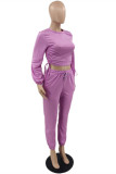 Purple Fashion Casual Solid Bandage O Neck Long Sleeve Two Pieces