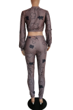 Grey Casual Print Patchwork O Neck Long Sleeve Two Pieces