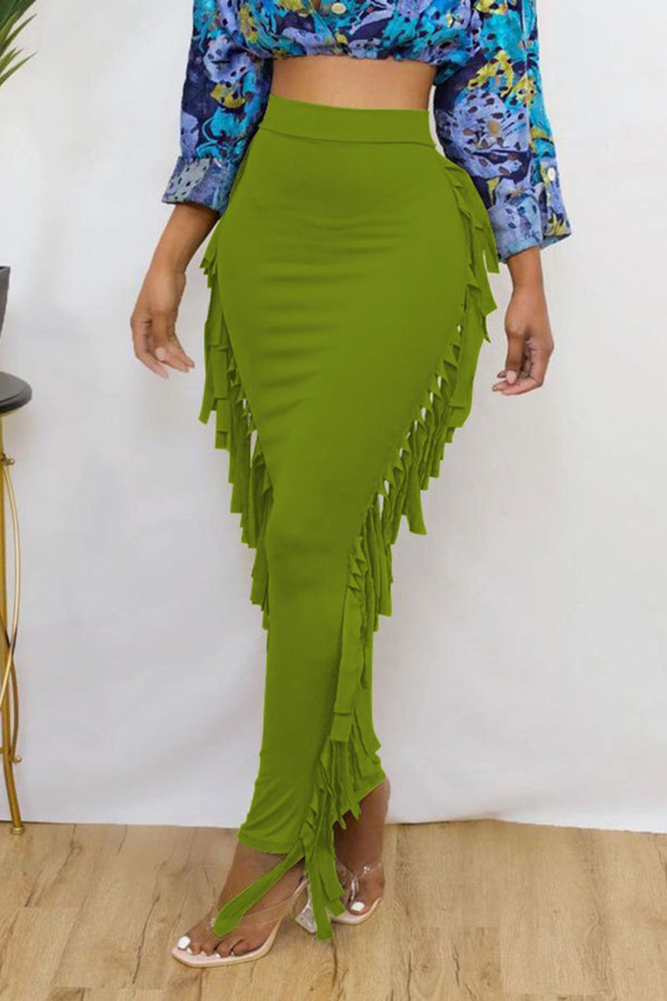 Green Casual Solid Tassel Patchwork Dresses