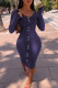 Tibetan Blue Celebrities Solid Patchwork Buttons O Neck Long Sleeve Dresses