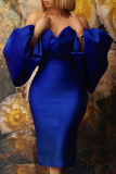 Blue Sexy Solid Flounce Off the Shoulder Pencil Skirt Dresses