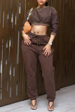 Coffee Fashion Casual Solid Basic O Neck Long Sleeve Two Pieces