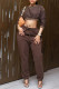 Coffee Fashion Casual Solid Basic O Neck Long Sleeve Two Pieces