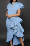 Sky Blue Party Solid Flounce V Neck Cake Skirt Dresses