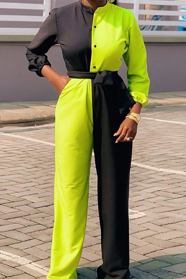 Green Casual Solid Patchwork O Neck Regular Jumpsuits