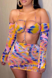 Colour Sexy Print Patchwork Spaghetti Strap Long Sleeve Two Pieces