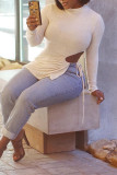 White Fashion Casual Solid Bandage Hollowed Out Turtleneck Tops