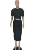 Rose Red Casual Solid Patchwork Slit O Neck Short Sleeve Two Pieces