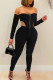 Black Sexy Solid Hollowed Out Patchwork Fold Asymmetrical Zipper Strapless Long Sleeve Two Pieces