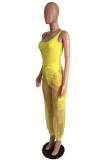 Yellow Sexy Solid Mesh Square Collar Sleeveless Two Pieces