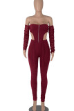 Burgundy Sexy Solid Hollowed Out Patchwork Fold Asymmetrical Zipper Strapless Long Sleeve Two Pieces