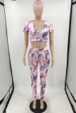 Pink Fashion Casual Print Basic U Neck Short Sleeve Two Pieces