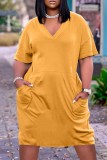 Yellow Fashion Casual Solid Basic V Neck Short Sleeve Dress