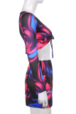 Blue Sexy Print Patchwork V Neck Three Quarter Two Pieces