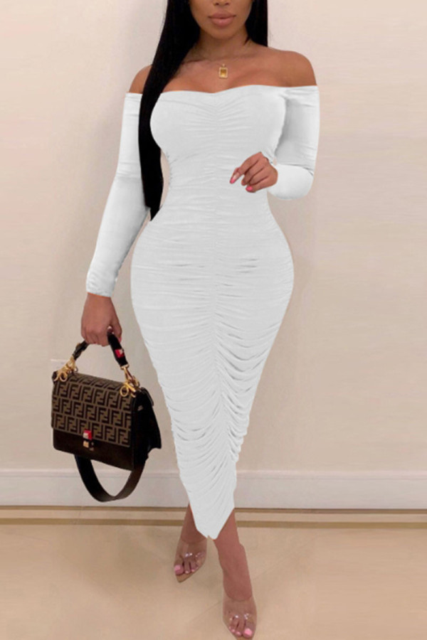 White Sexy Solid Patchwork Fold Off the Shoulder One Step Skirt Dresses